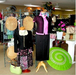A colorful display in a consignment shop